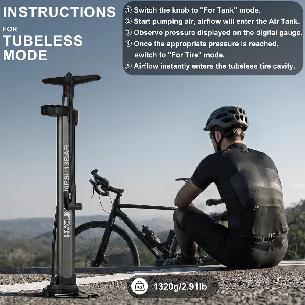 Hycline Tubeless Booster Bike Floor Pump: 200 PSI Digital Gauge Air Tank