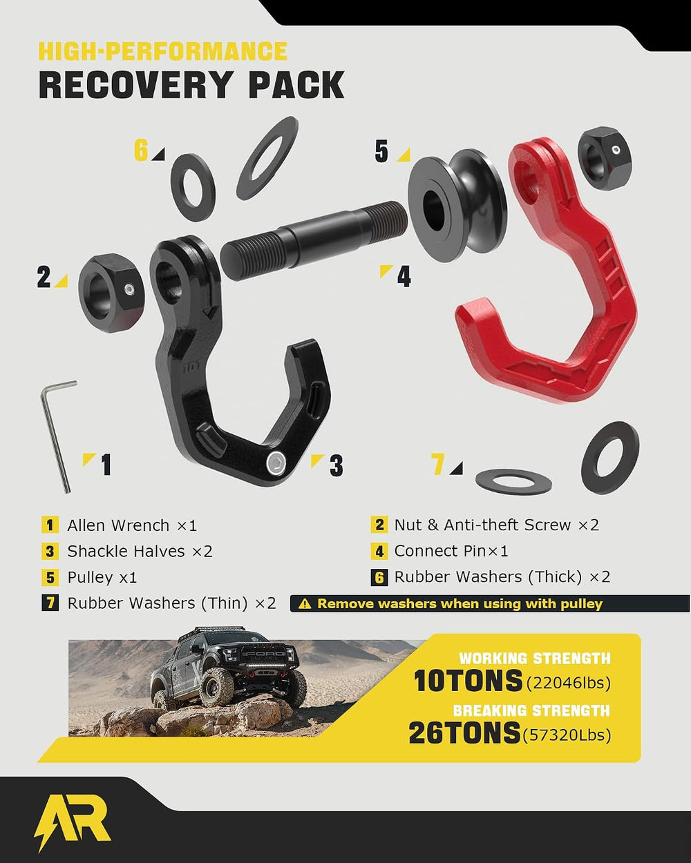 Snatch Block Separate Shackle, 3/4" D Ring Shackle with Pulley, 57320lbs...