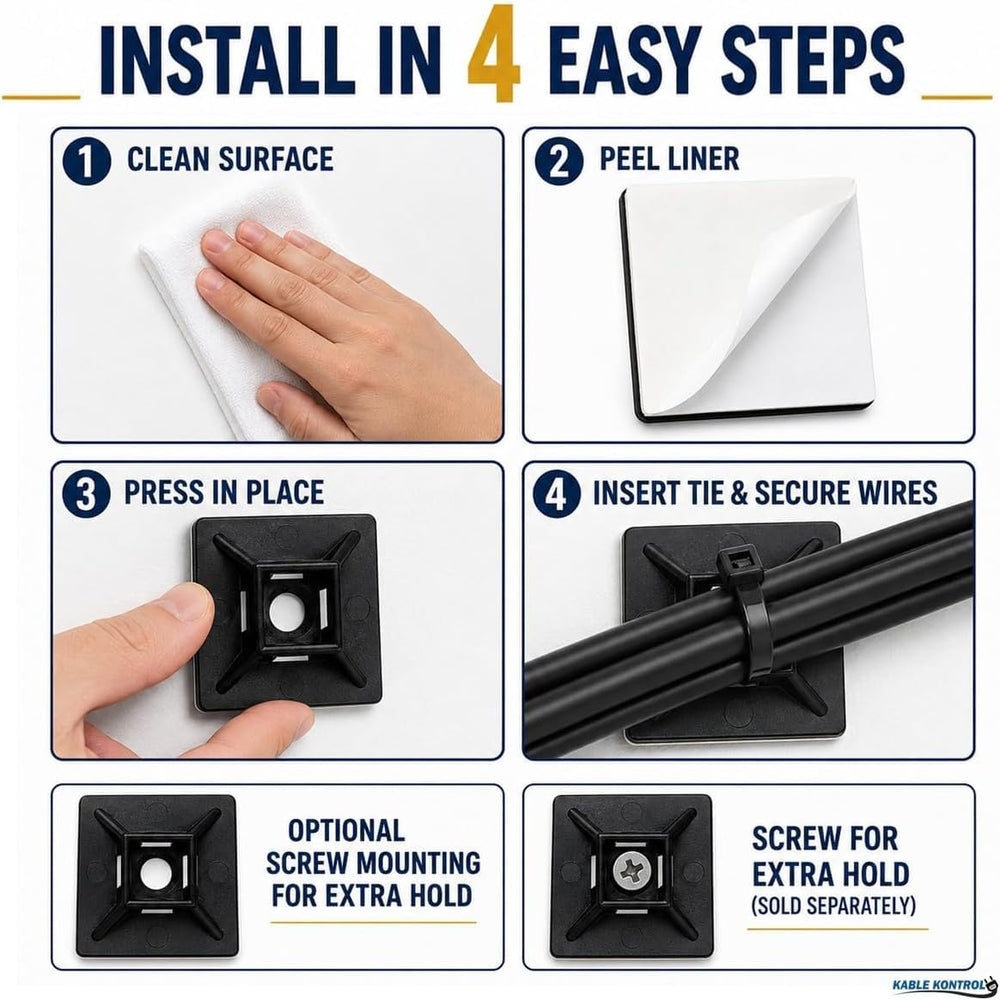 Kable Kontrol Zip Tie Mounts, 1” Black, 5500 Pcs Adhesive Backed