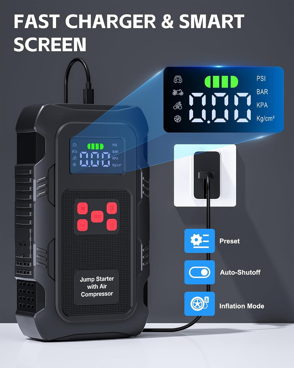 5000A Jump Starter with Air Compressor, Portable Car Battery Jump Starter wit...
