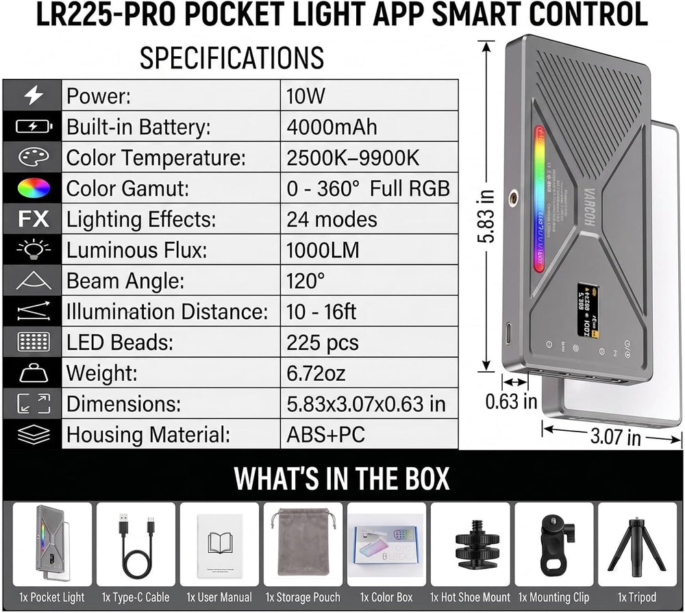 225 LED Portable Selfie Light, Video Conference Light, 4000mAh Rechargeable, ...