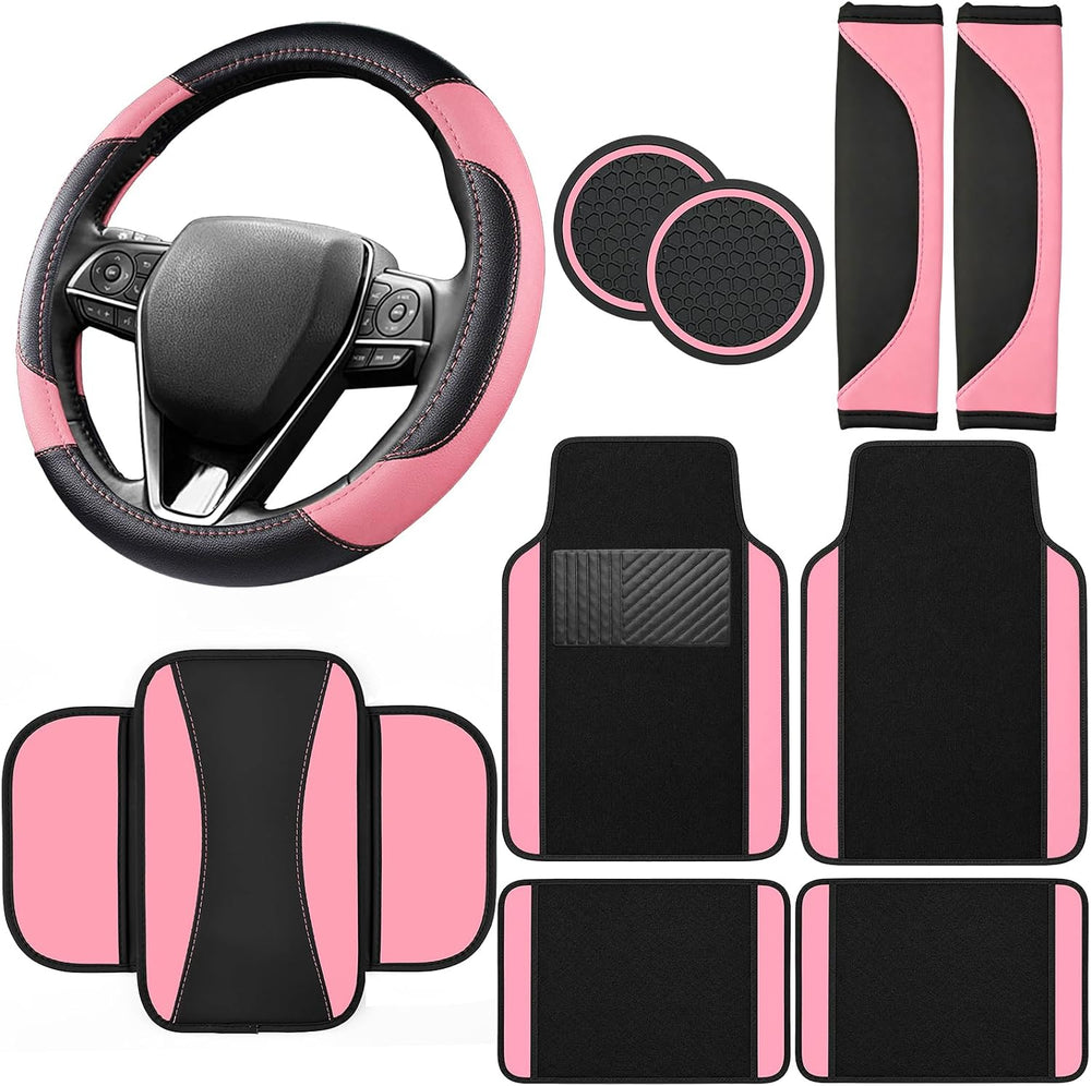 10 Pcs Car Floor Mats Set, Microfiber Leather Steering Wheel Cover 14.5-15 in...