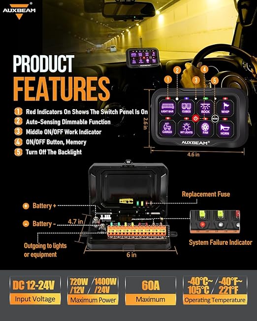 Auxbeam 8 Gang Switch Panel RC-800 RGB Wireless Remote Control Range Up to