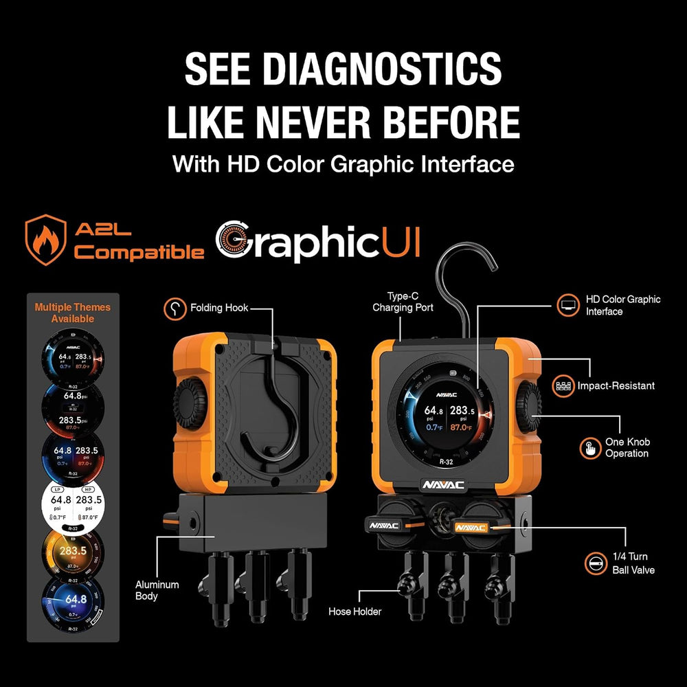 NAVAC N1DX Flex 1 Manifold Gauge - HD Color Display, 100 Refrigerants