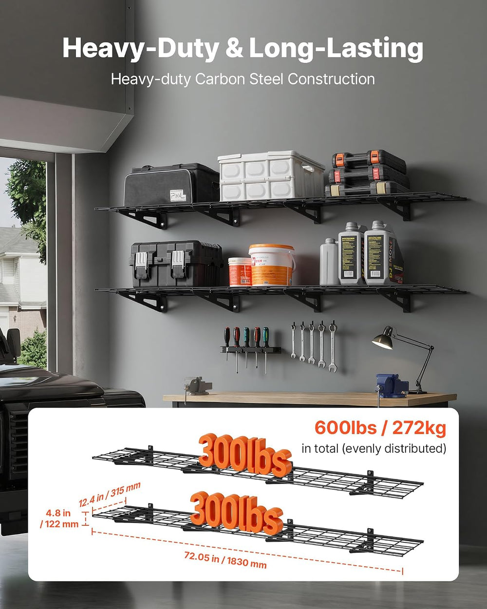 VEVOR 2-Tier Heavy Duty Wall Garage Shelving, 4 Pack 1 x 3 ft Steel Wall Moun...