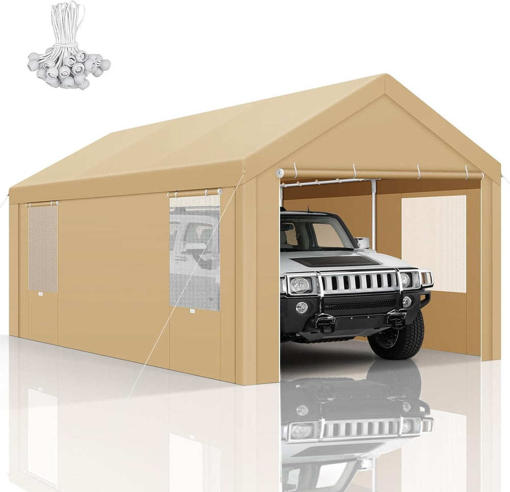 10x20 FT Heavy Duty Carport with Galvanized Frame & Sandbags, Khaki