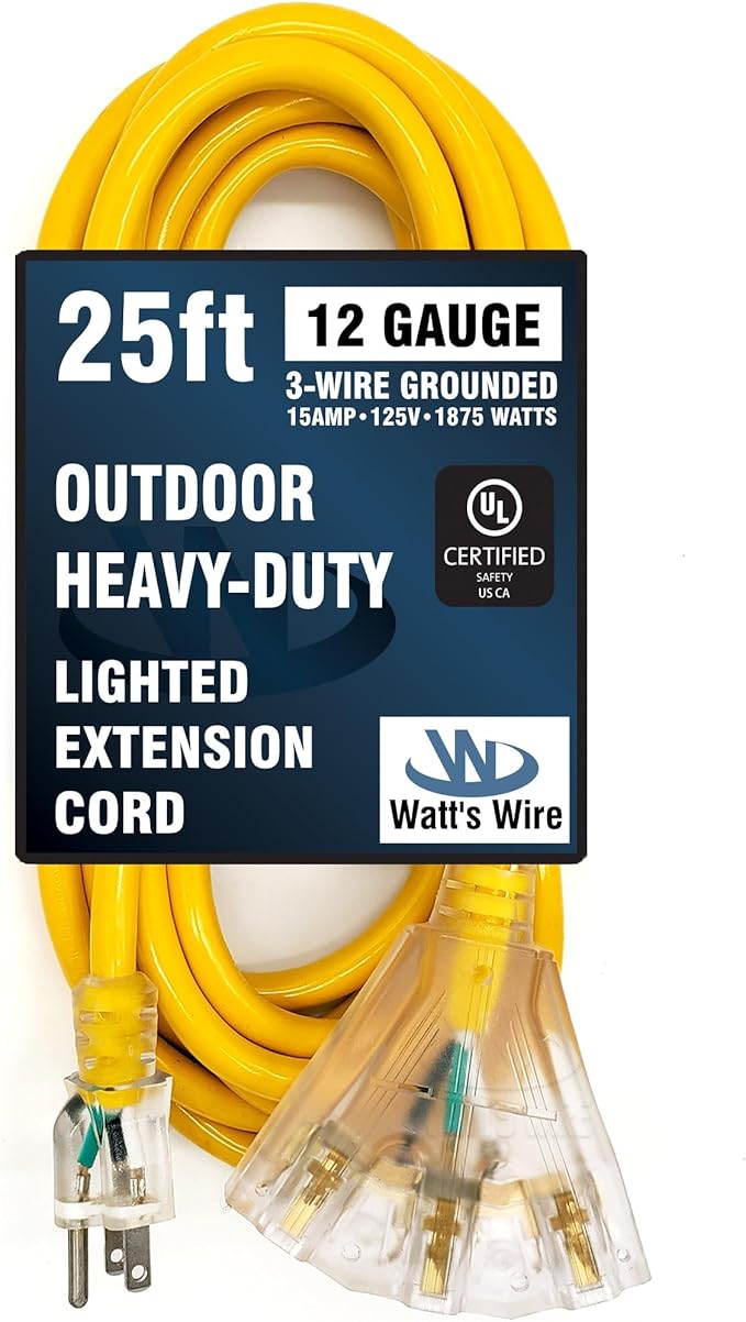 25 ft - 12 Gauge Heavy Duty Extension Cord - 3 Outlet Lighted SJTW -