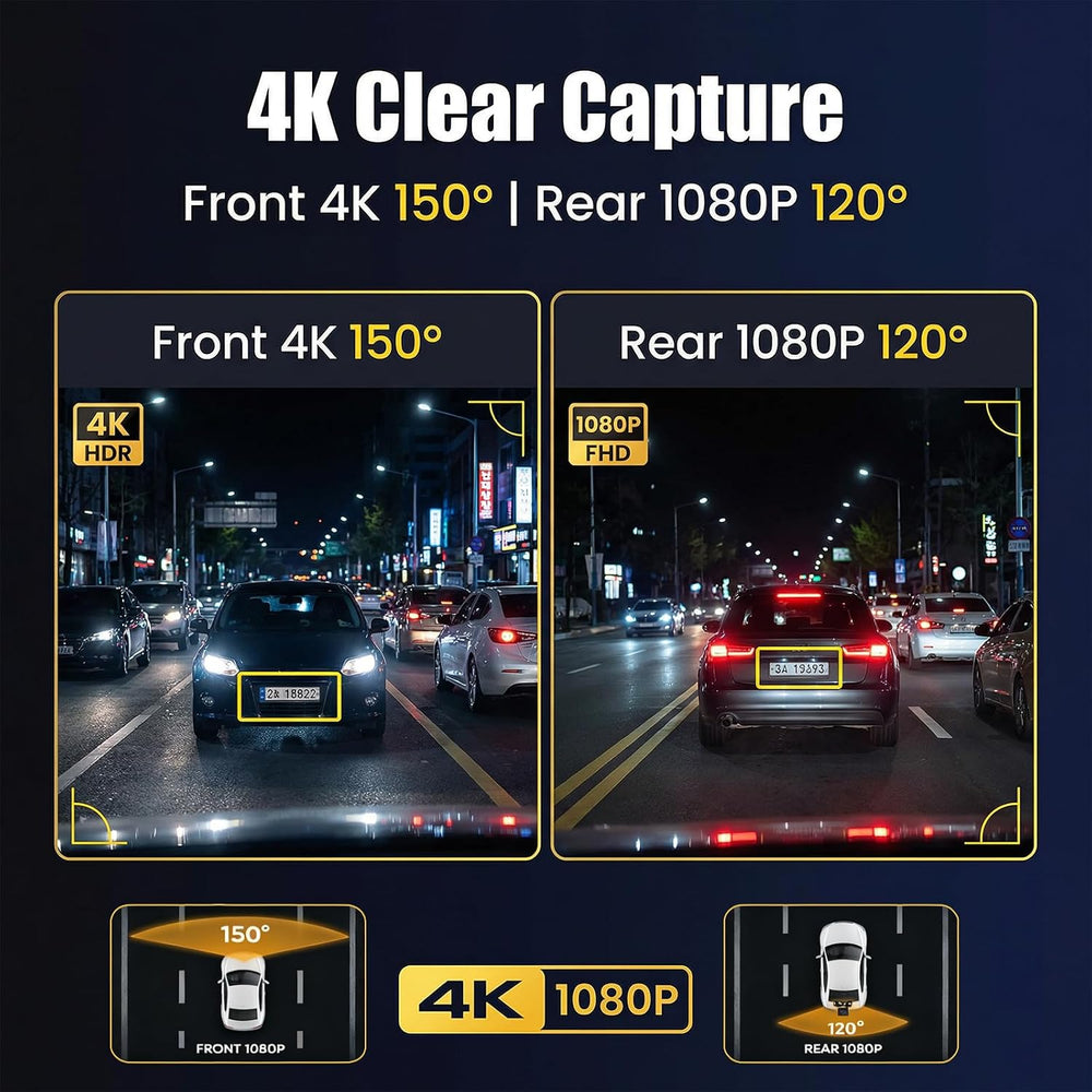 4K Dash Cam Front and Rear, GPS, ADAS, Built-in WiFi, Free 64G Card