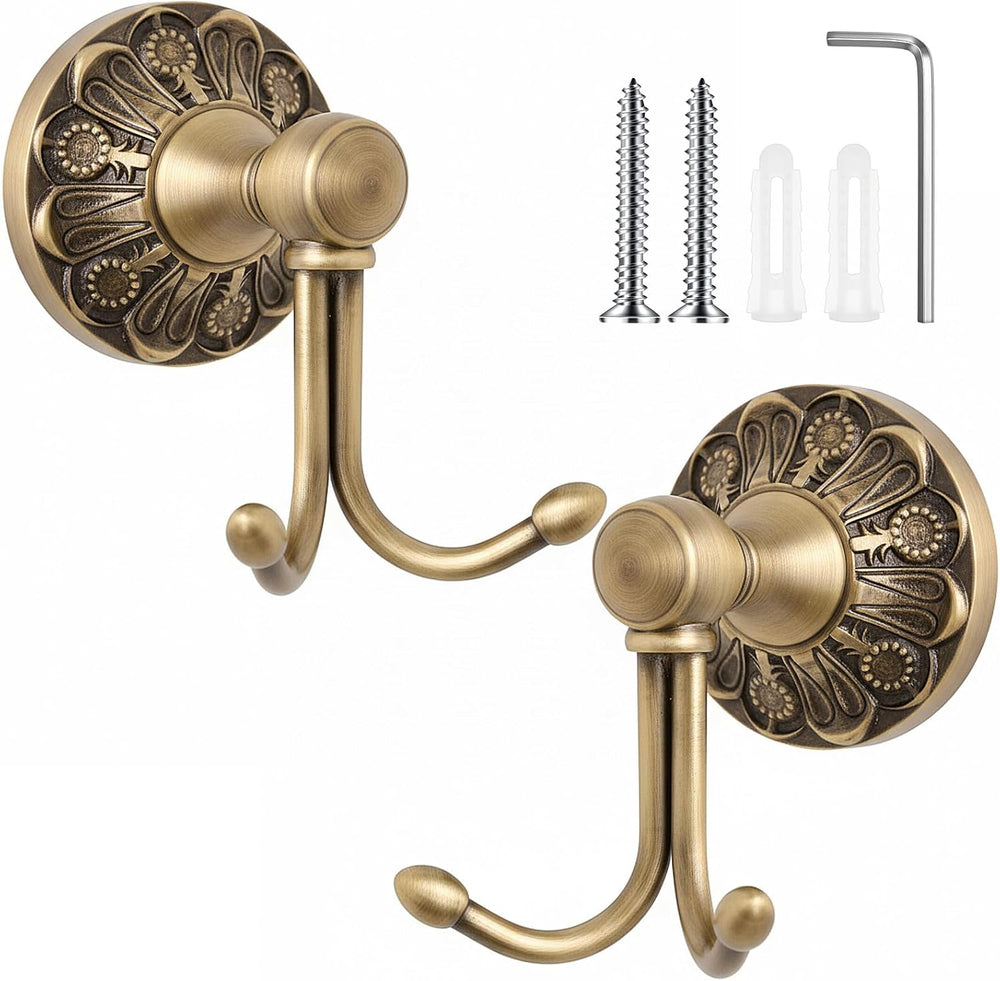 Yaocom 2 Pack Antique Towel Hooks Wall Mounted, Brass, Double