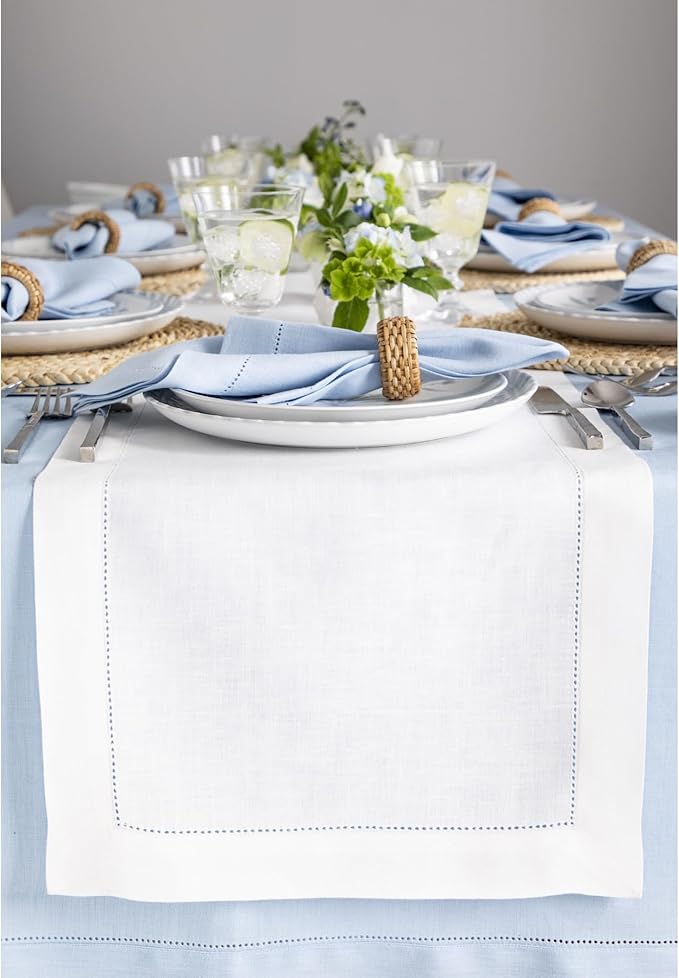 Solino Home Linen White Table Runner 60 Inches - Classic Hemstitch, 100% Pure...