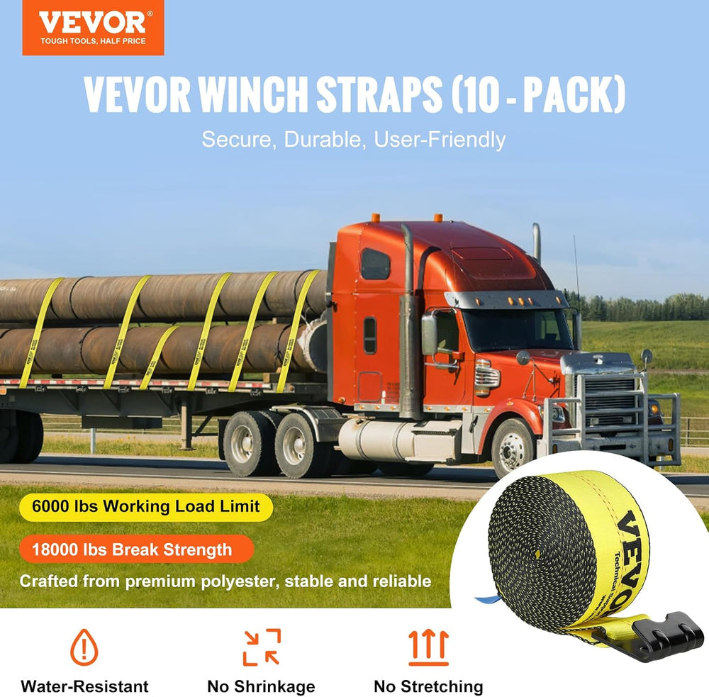 VEVOR Truck Straps, 4" x 30' Tie Down w/Flat Hooks 18,000lbs Break S...