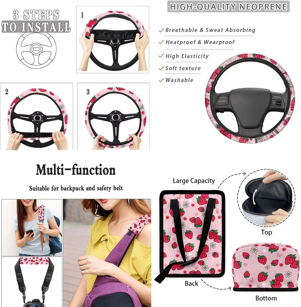 Car Accessories Pink Strawberry Car Seat Cover Full Set Include Cup Coasters ...