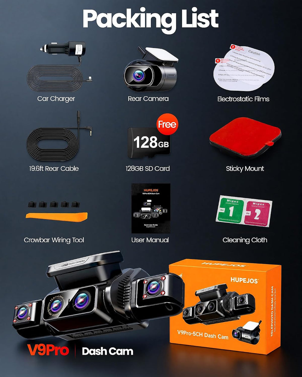 AI 5 Channel Telephoto Dash Cam Front and Rear, 4K 360° Camera Car