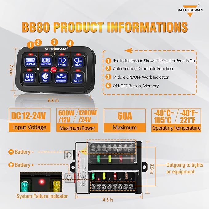 Auxbeam 8 Gang Switch Panel BB80, Universal Circuit Control Relay System Box