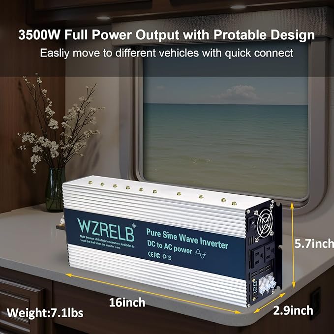 WZRELB 4000W Pure Sine Wave Inverter, Car Power Inverter 12V DC to 110V 120V AC