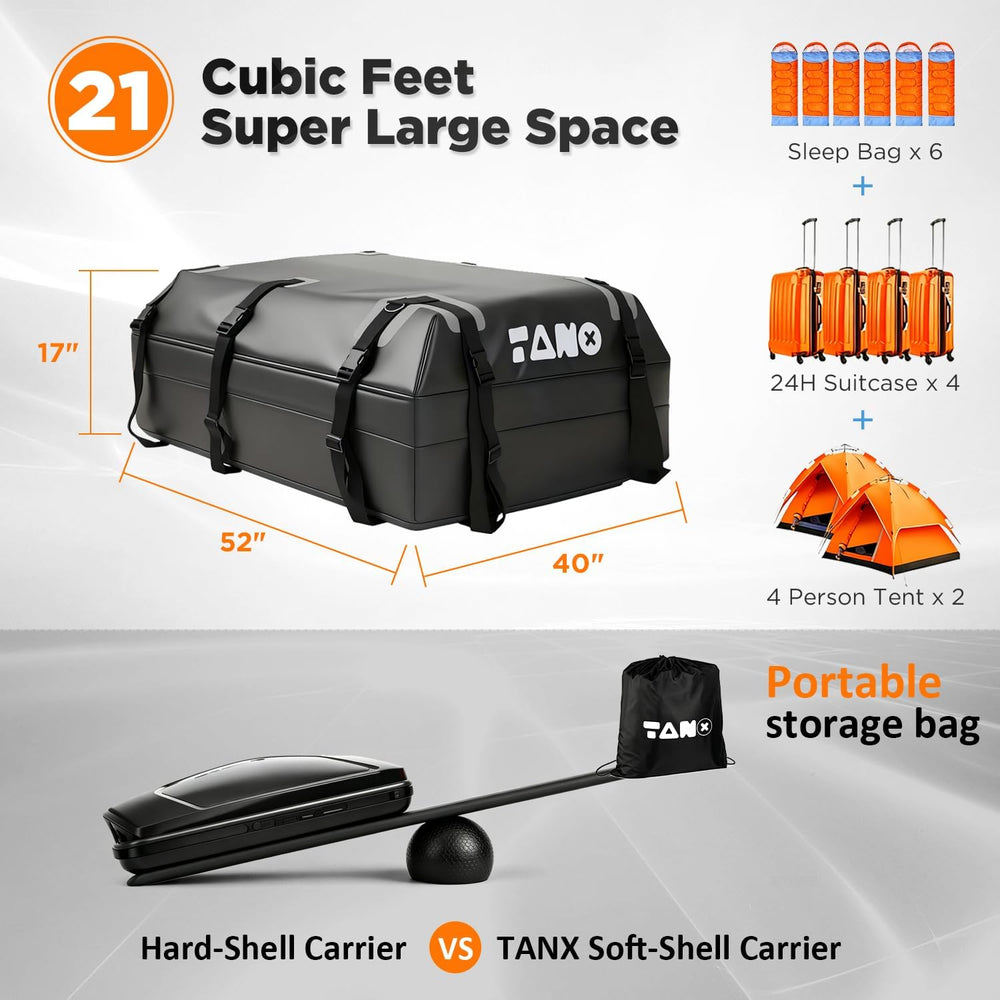 TANX Car Roof Bag - 21 Cubic Feet Rooftop Cargo Carrier, 100% Waterproof for ...