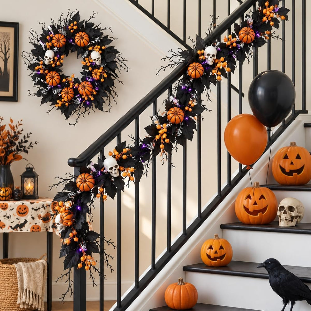 20" Halloween Wreath for Front Door, Black Gothic Spooky Outdoor Décor