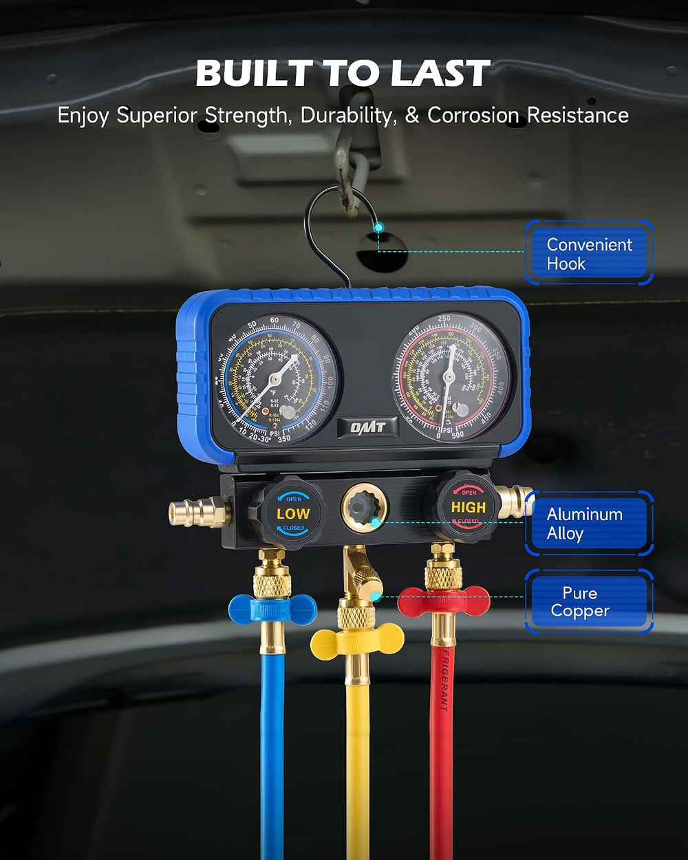 OMT 3-Way AC Manifold Gauge Set for R134a R12 R22 R502, 5 ft Hoses
