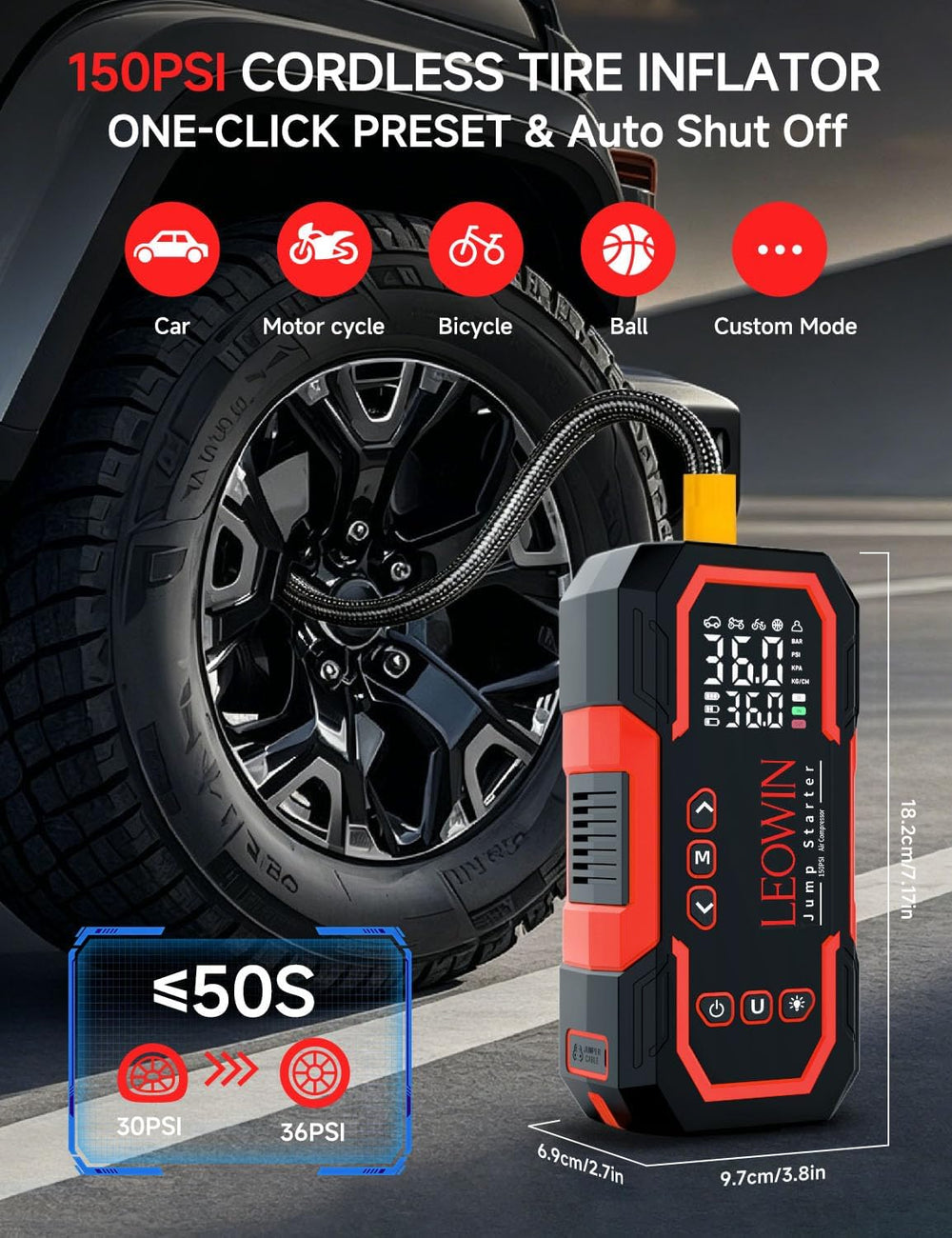 LEOWIN Jump Starter with Air Compressor Portable, Red