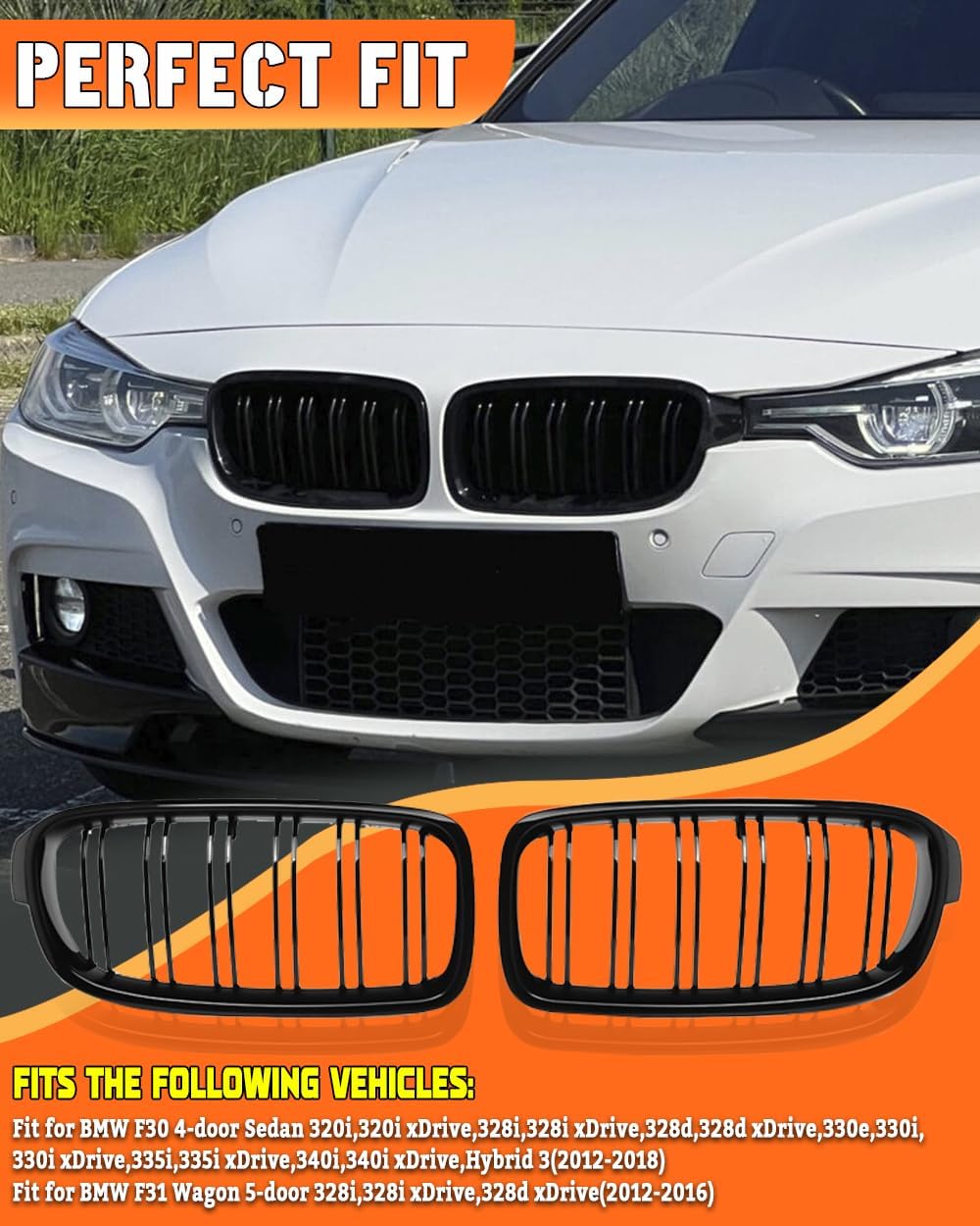 Double Slats Gloss Black Front Grill Compatible with 2012-2018 BMW 3 Series F...