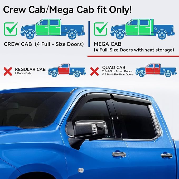 Window Visors Rain Guards for 2009-2018 Ram 1500 Crew/Mega Cab/Full-Size Cab