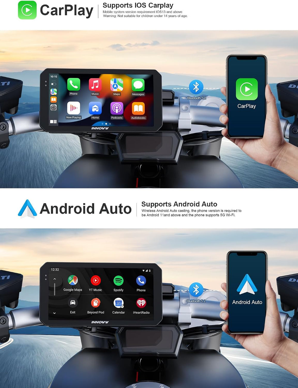 INNOVV N2 Motorcycle CarPlay & Android Auto, 6" Gloved Touch Screen ...