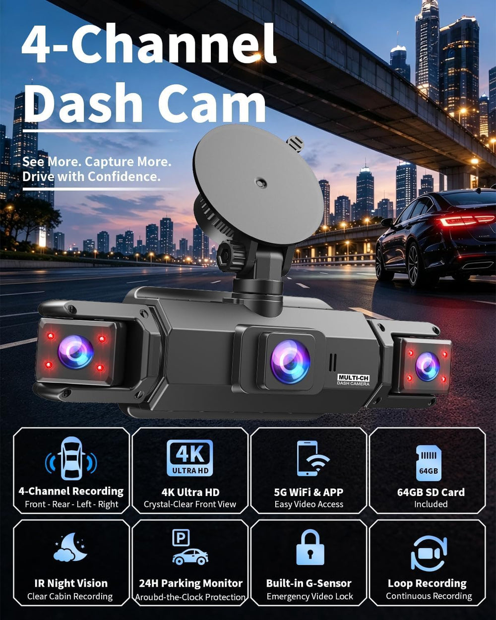 4 Channel Dash Cam Front and Rear, Pahaa 360° Dash Camera with WiFi