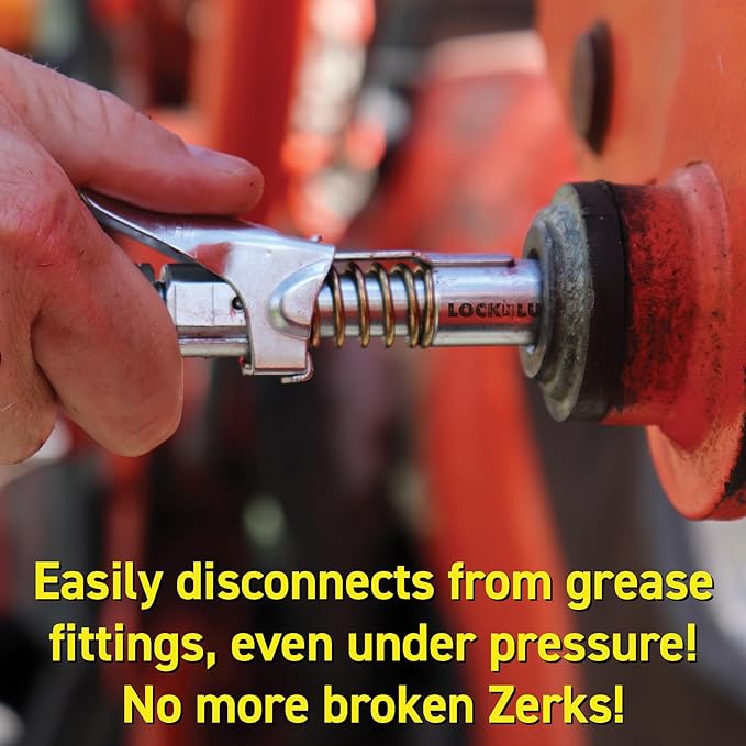LockNLube Grease Gun Coupler locks onto Zerk fittings. Grease goes in, not on