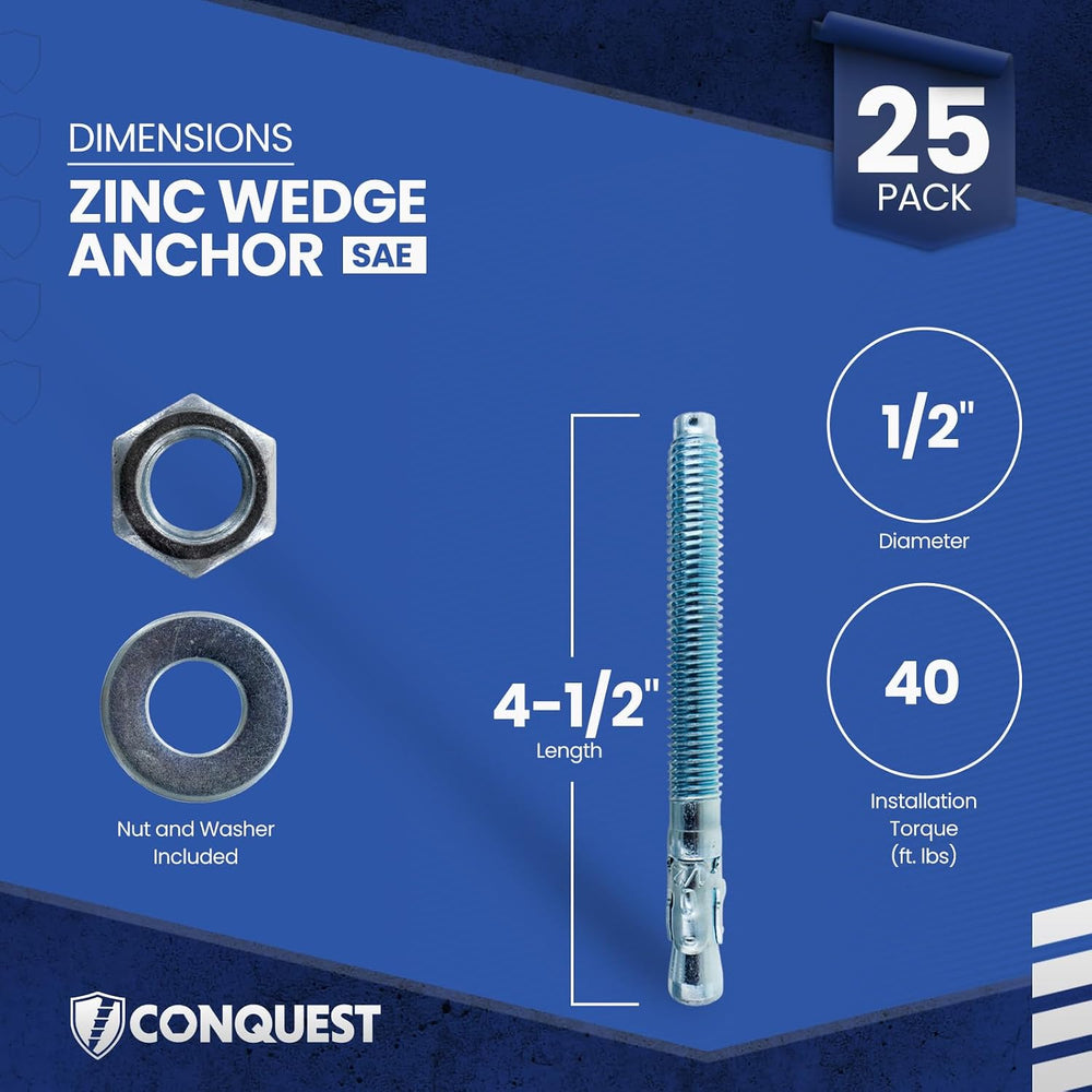 Conquest Zinc Plated Wedge Anchors for Concrete 1/2” x 4-1/2”