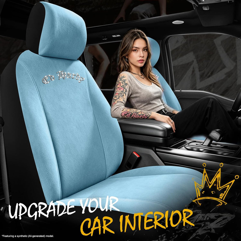 ED HARDY Car Seat Covers, Light Blue Short Plush & Silver Diamond Graphic
