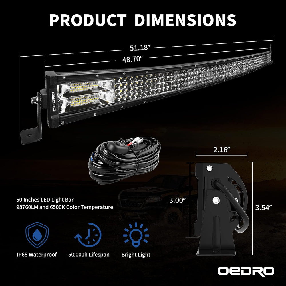 OEDRO 50 Inch 1483W Curved LED Light Bar with Wiring Harness Quad-Row