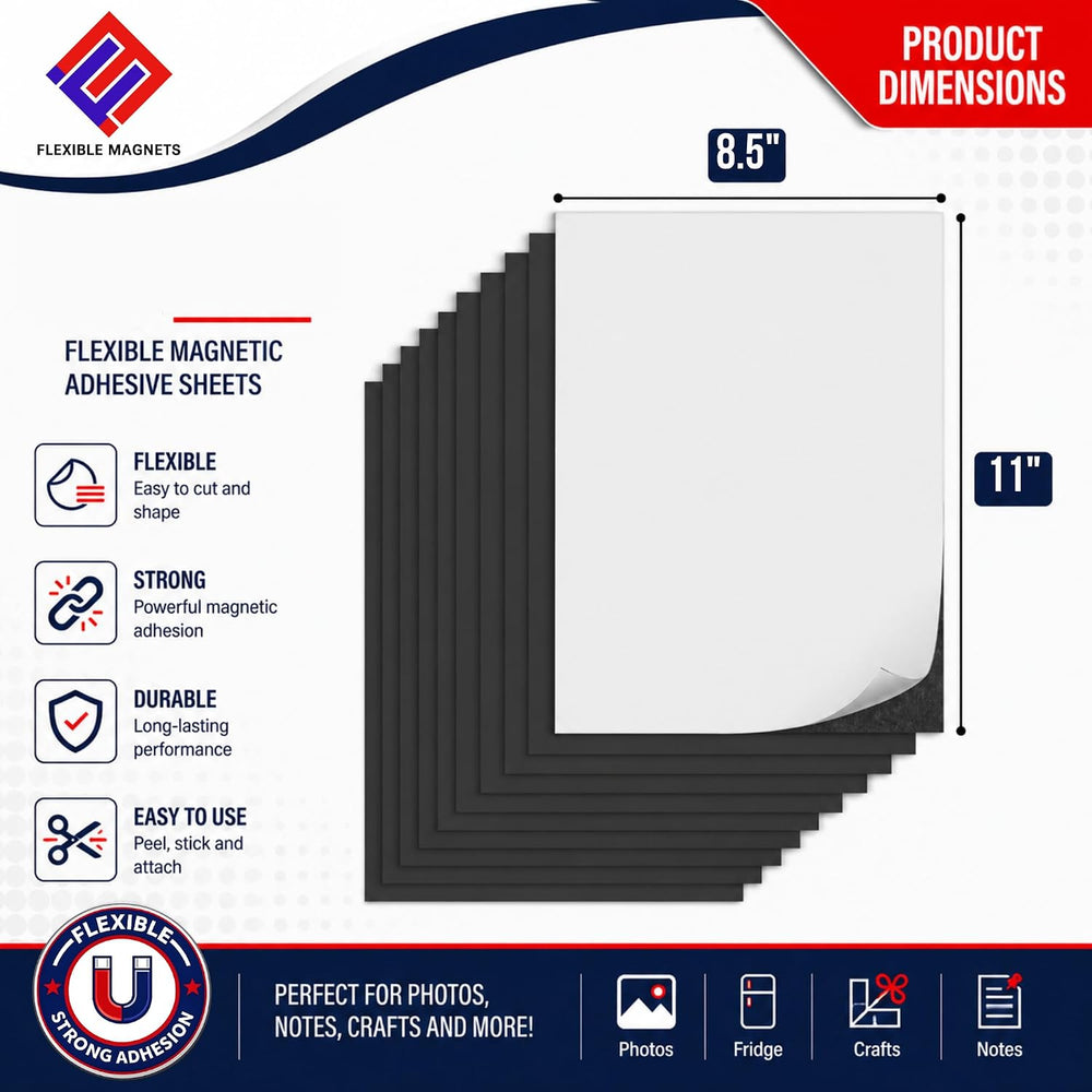 Flexible Magnet Sheet with Adhesive Backing, 20 Mil, 8.5" x 11", 10...