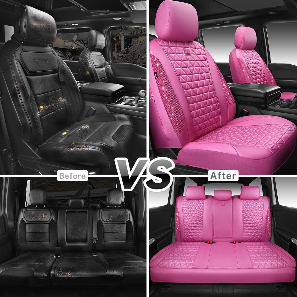 CAR PASS Hot Pink Bling Diamond Leather Car Seat Covers Full Sets, Waterproof...