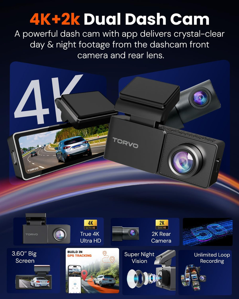 TORVO TD3 4K+2K Dash Cam with App, Camera for Car Front and Back with 5G WiFi...