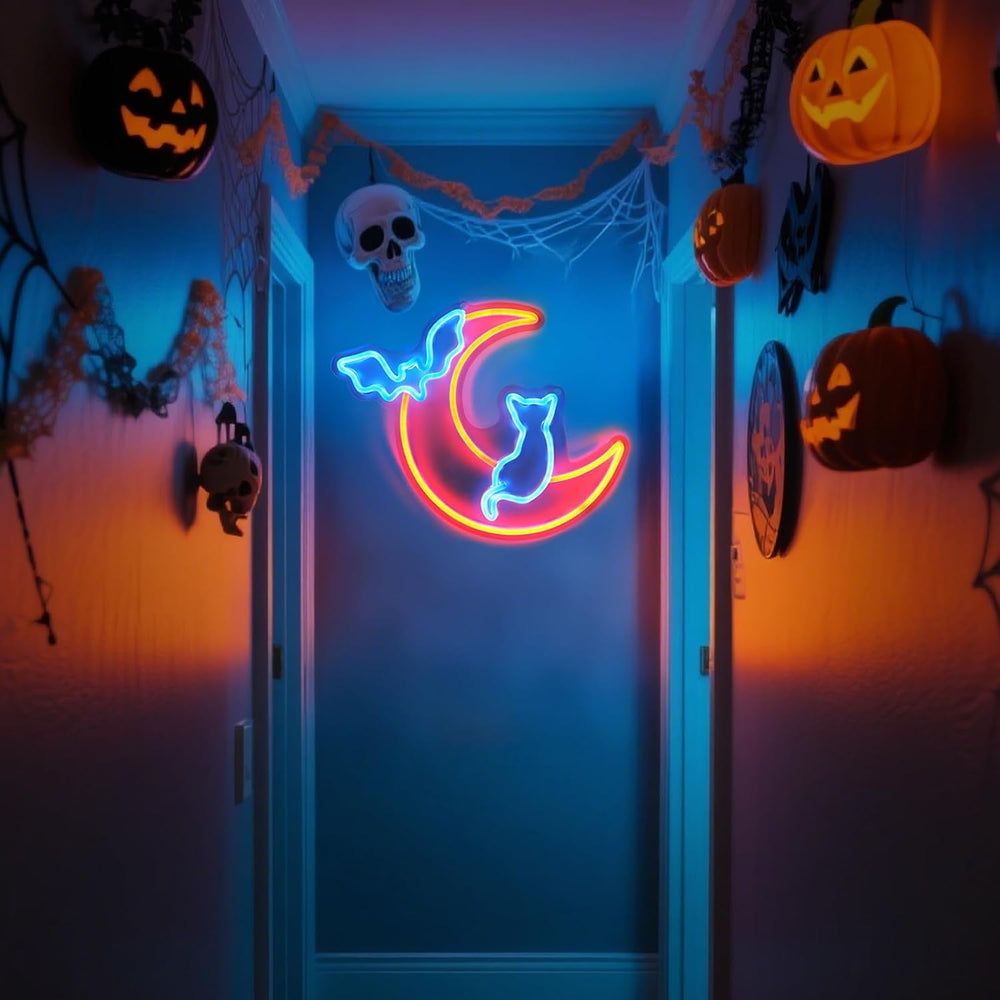 Halloween Neon Sign Wall Decor - Moon&Bat&Cat Themed Halloween LED Li...