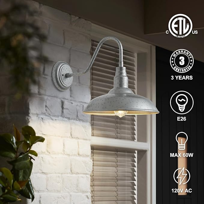 10'' Dome Outdoor Gooseneck Barn Light, Galvanized Steel Exterior Wal...