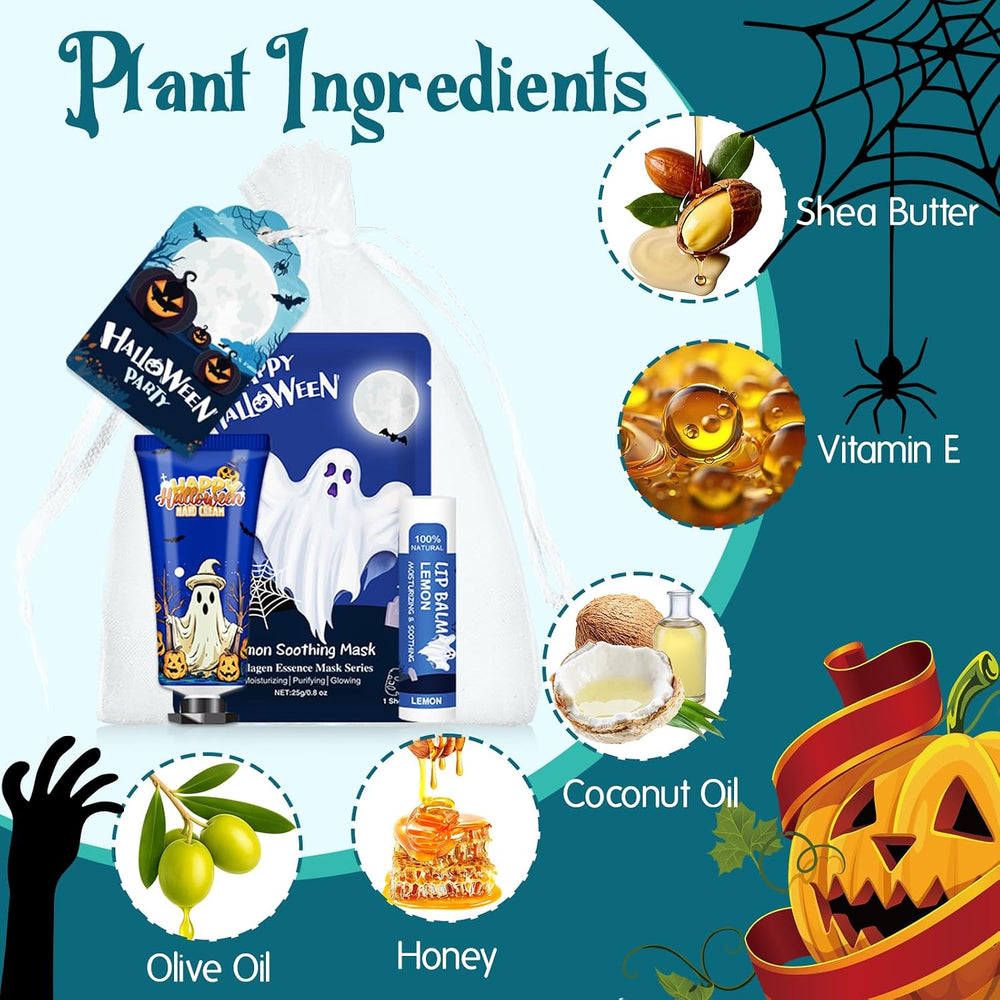 50 Pack Halloween Hand Cream, Facial Mask and Lip Balm Set, Halloween Gifts