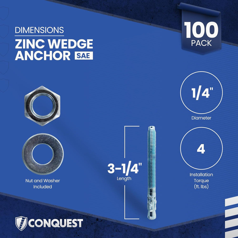 Conquest Zinc Plated Wedge Anchors for Concrete 1/4” x 3-1/4”