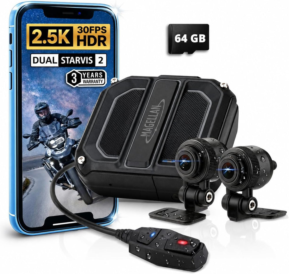 Magellan Motorcycle Dash Cam 2.5K Front and Rear, HDR, GPS, WiFi, IP67