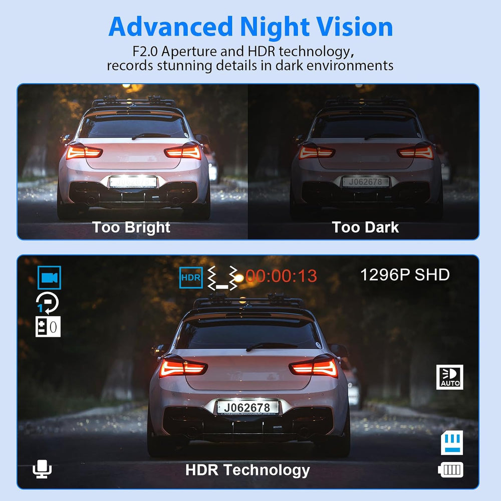 Dash Cam Front and Rear, 1296P Dash Camera for Cars, 3 Channel Car Camera Fro...