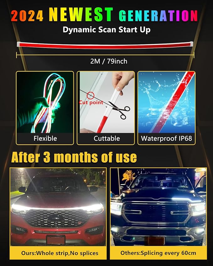 RGB Hood Light Strip with Sequential Turn Signal Indicator Function Waterproof