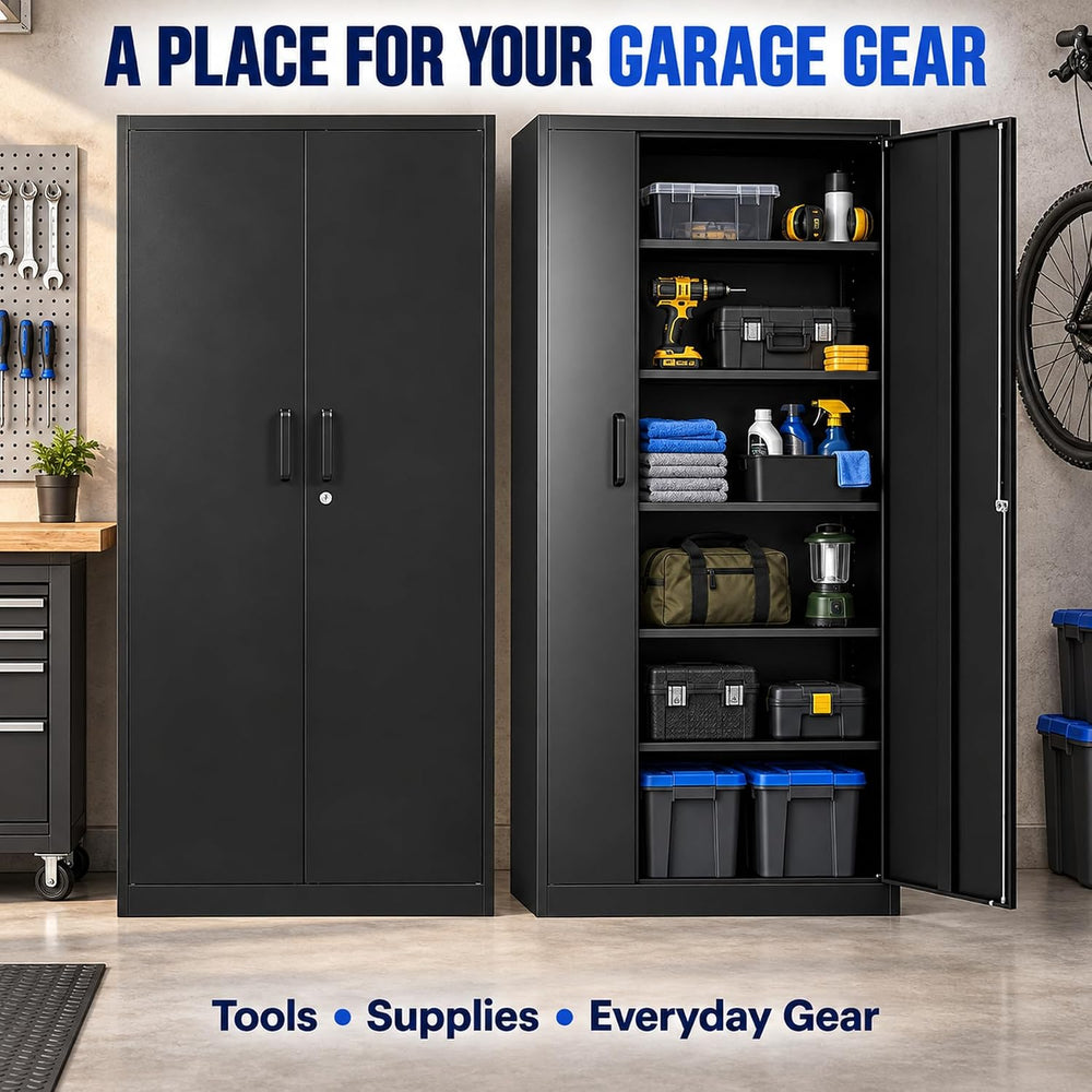 Metal Garage Storage Cabinet with Lock and 5 Adjustable Shelves, Metal Storag...