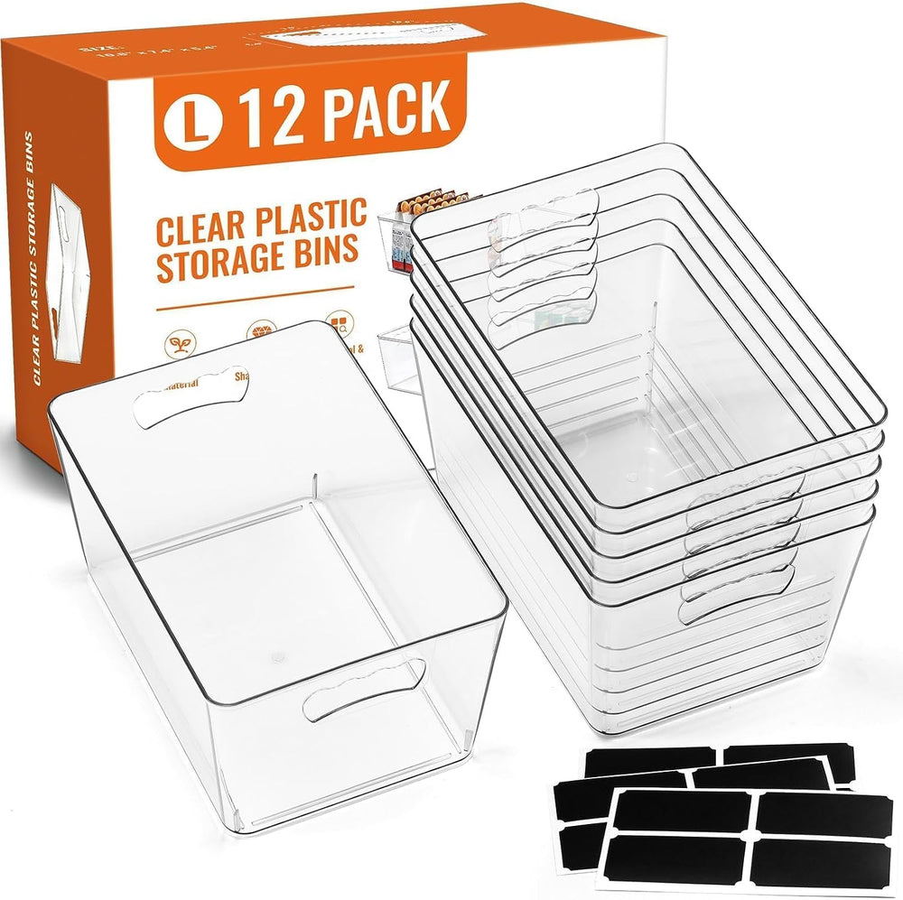 12 Pack LARGE Multi-Use Clear Storage Bins, Pantry Kitchen Organizer Bins