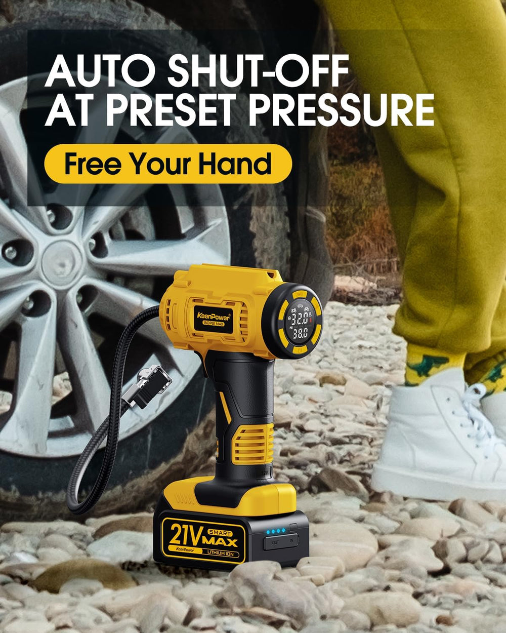 Cordless Tire Inflator Portable Air Compressor, 160PSI Car Tire Air Pump, 21V...