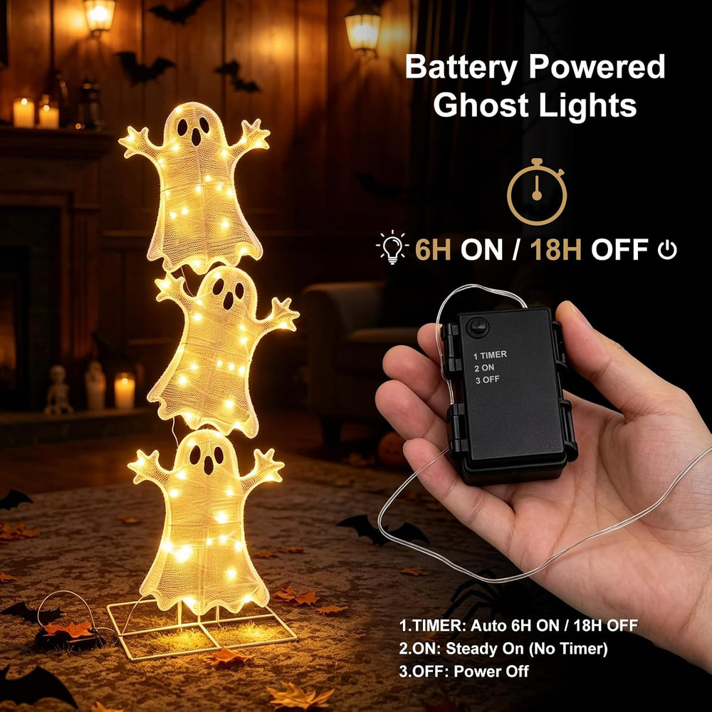 Halloween Decorations Lighted 3 Stacked Ghosts, Freestanding LED Ghost Yard S...