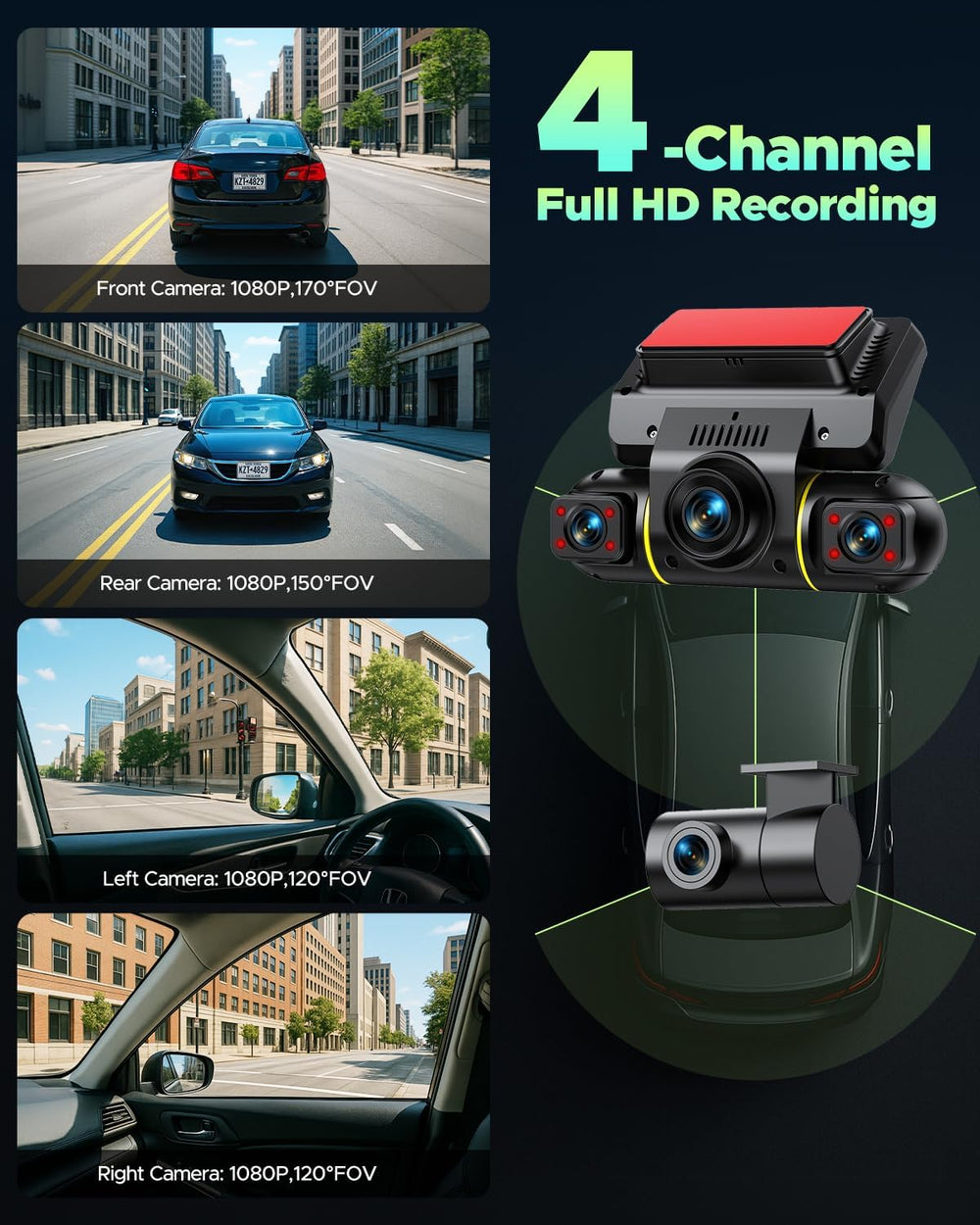 LAMTTO 4 Channel Dash Cam Front and Rear Inside,5GHz WiFi,128GB Card