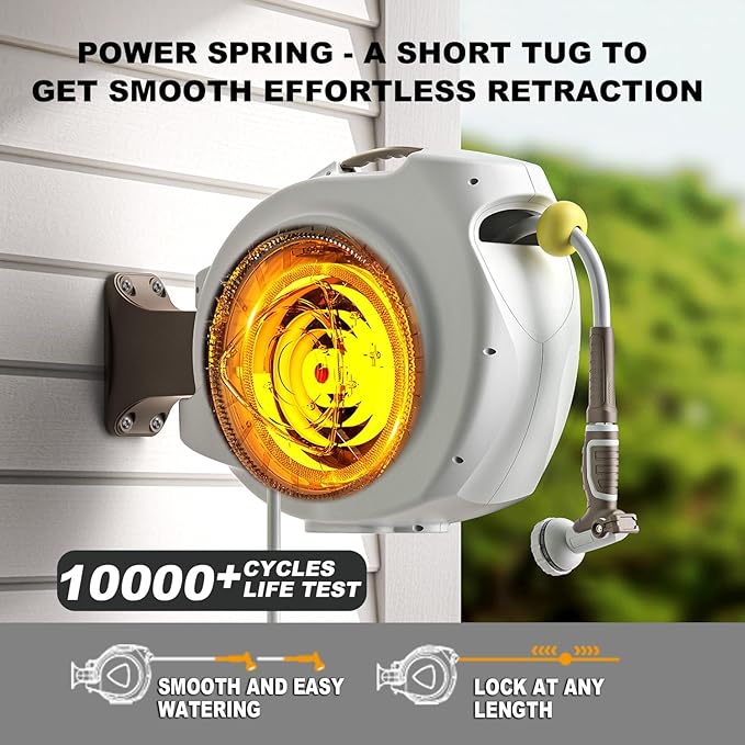 Retractable Garden Hose Reel, 5/8 in 65+6 ft, Heavy Duty Wall Mounted Water