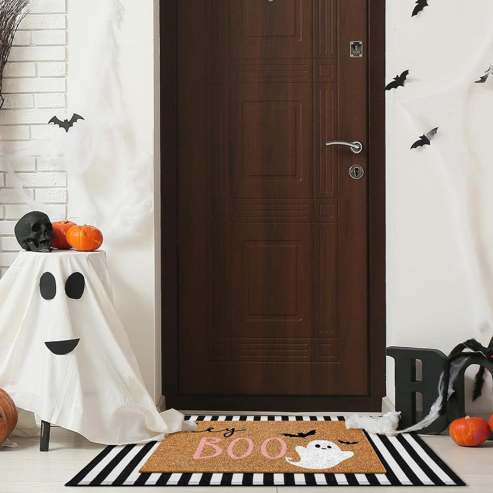 Duraaamo 2 Pcs Halloween Door Mat Outdoor, Ghost Pink Boo Style, Non Slip