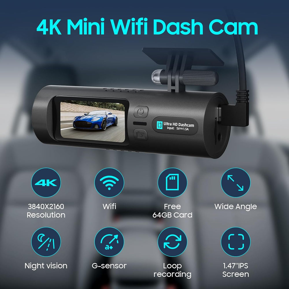 4K Dash Cam Front, 64GB Card Included, Dash Camera for Cars Built in WiFi, Mi...