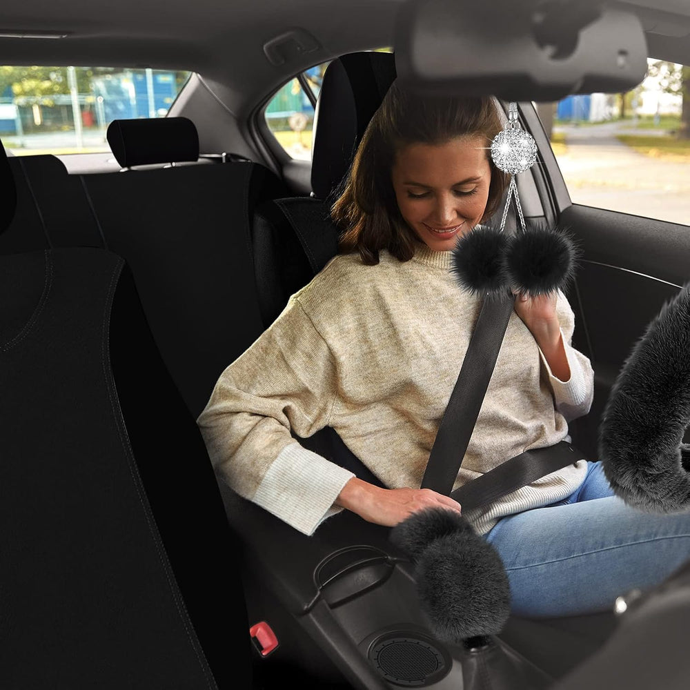 17 Pcs Car Seat Cover Full Set for Women Fluffy Fuzzy, Black